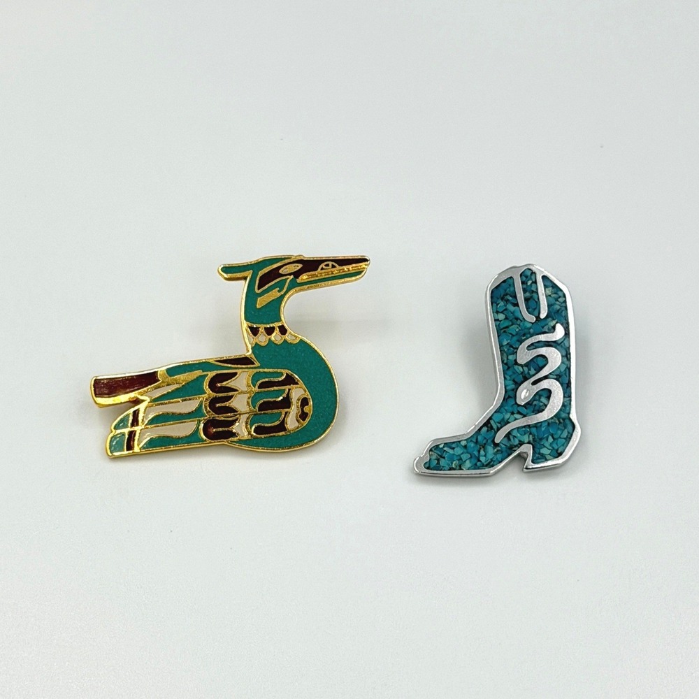 Vintage Southwestern Pin Set of 2 Bird Cowboy Boot Brooch Teal Turquoise Jewelry